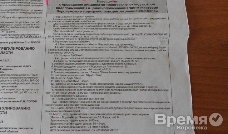 В Рамонском районе 6 000 квадратных метров акватории водохранилища выставили на торги за 10 рублей