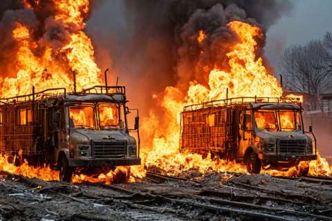Два строительных вагончика сгорели на стройплощадке в воронежском Шилово