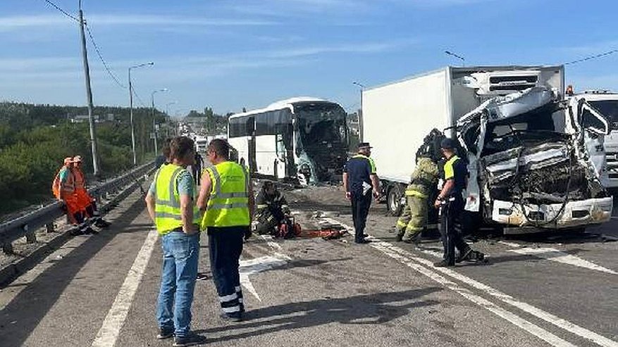 Главная картинка новости: В ДТП с автобусом и 2 грузовиками под Воронежем пострадали 14 человек