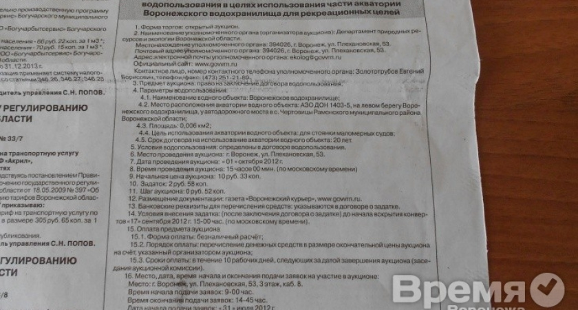 В Рамонском районе 6 000 квадратных метров акватории водохранилища выставили на торги за 10 рублей
