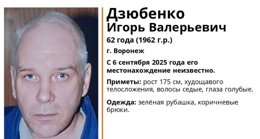 В Воронеже пропал 62-летний мужчина в зелёной рубашке и коричневых брюках