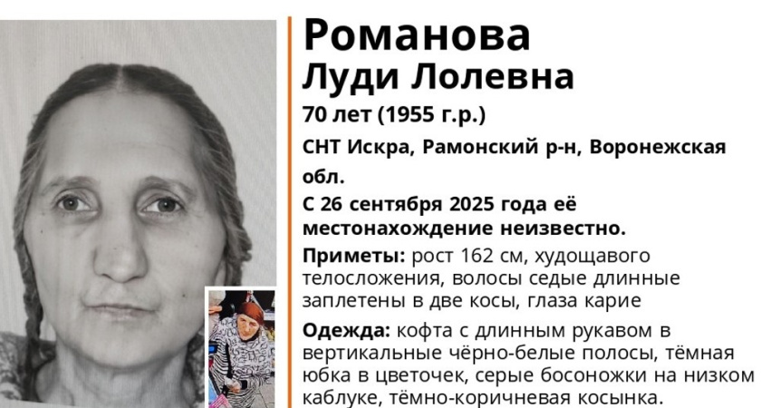 В Рамонском районе ищут 70-летнюю женщину с седыми длинными волосами заплетёнными в косы