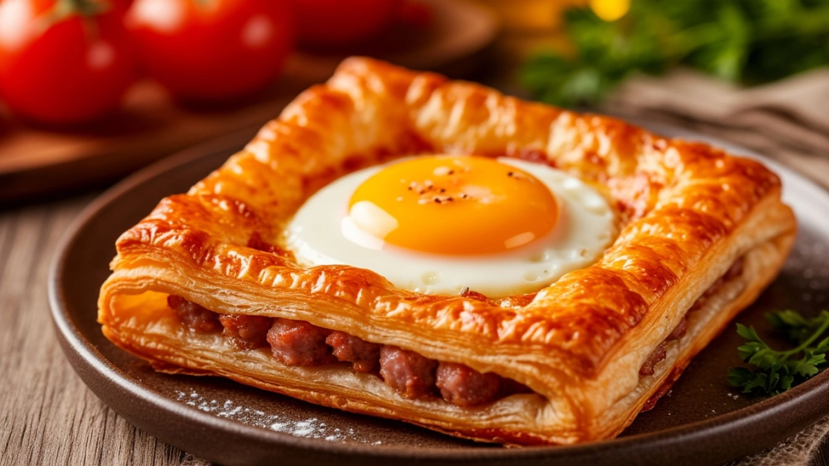 Завтрак для тех, кто любит быстро, вкусно и сытно: хрустящая слойка с горячим яйцом и колбасой