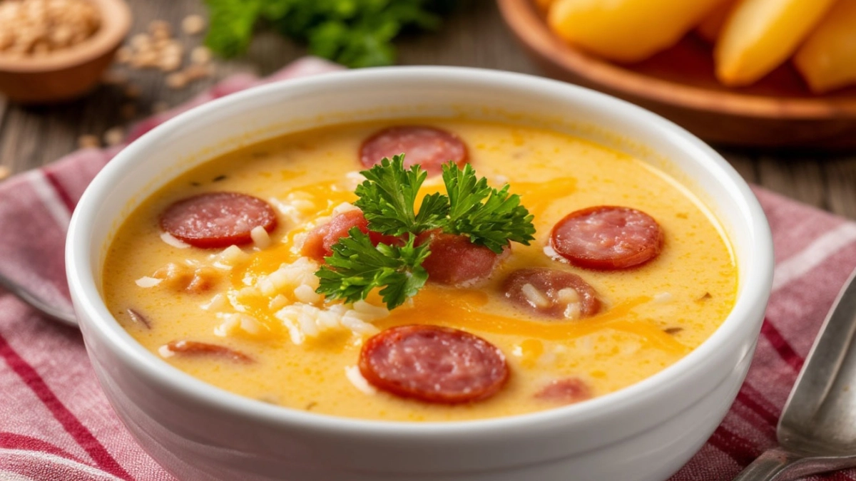 Густой сырный суп с копчёной колбасой и рисом: варка проще каши, а вкус — как в ресторане