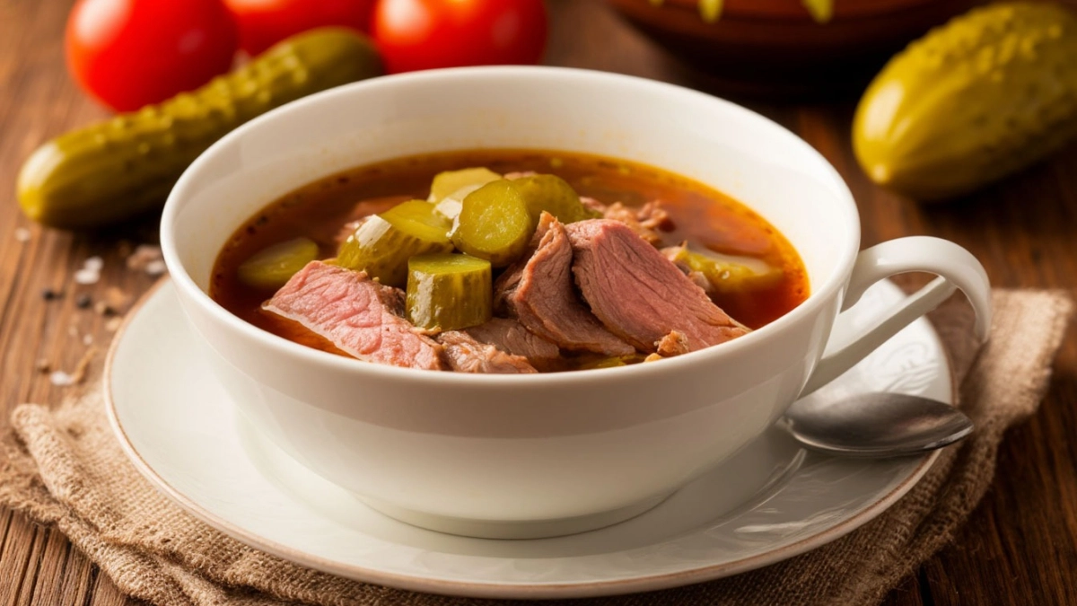 Домашняя солянка по классике: наваристый бульон, солёные огурцы и мясной разрез